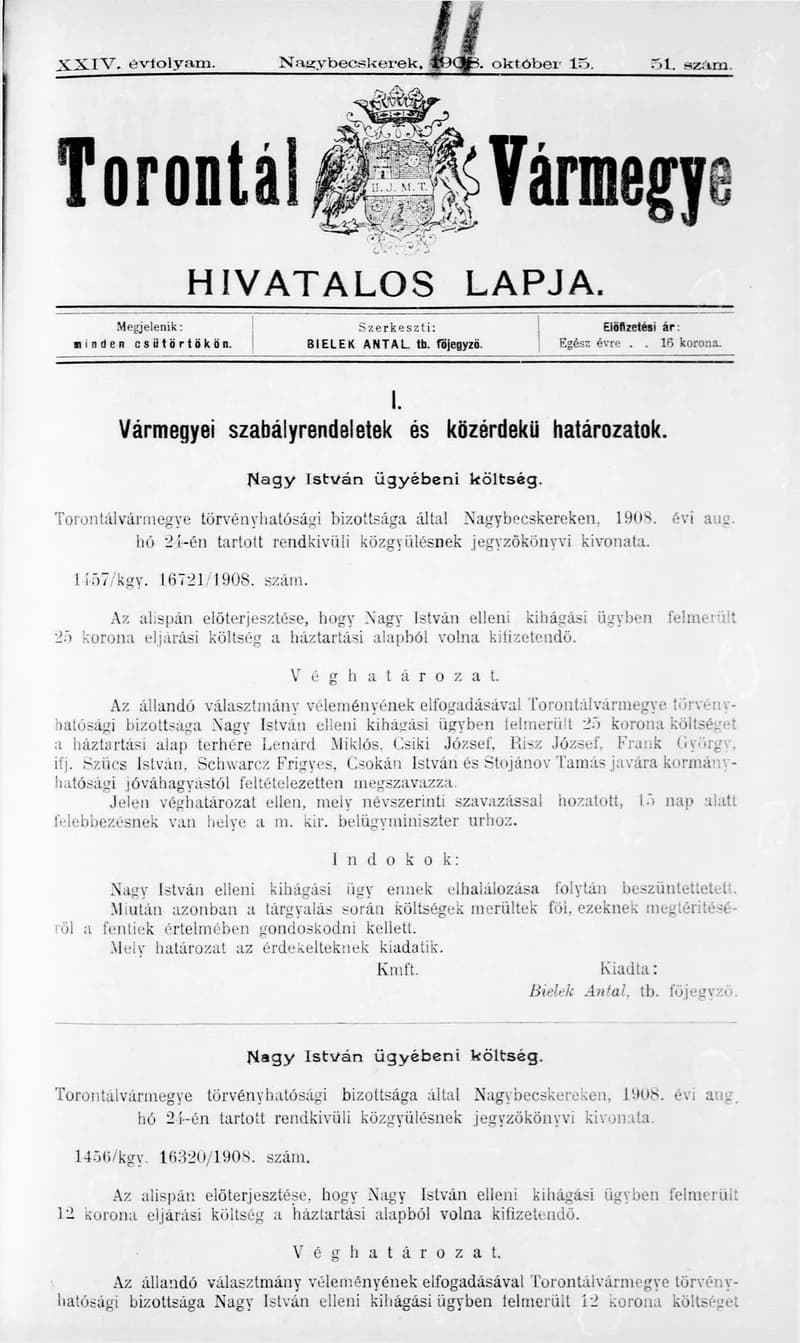 Torontál Vármegye Hivatalos Lapja, 24. évf. 1908. október 15. 51. sz.