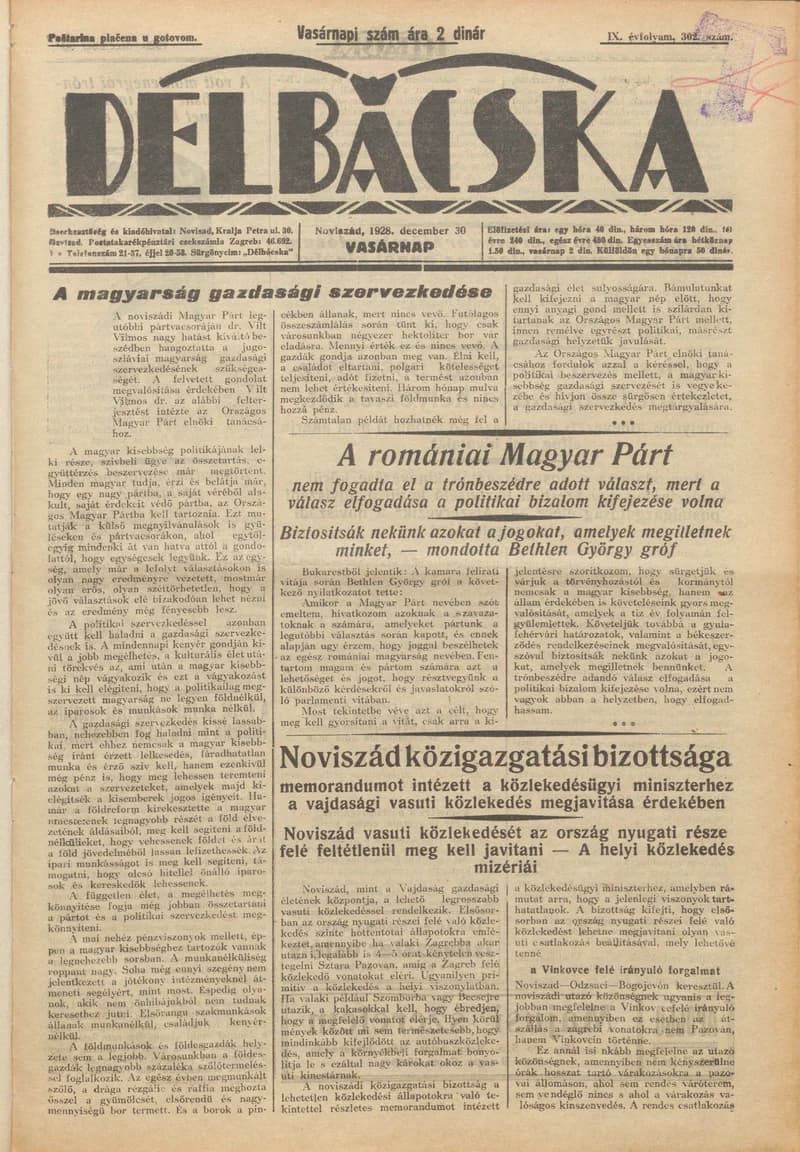 Délbácska, 9. évf. 1928. december 30. 303. sz.