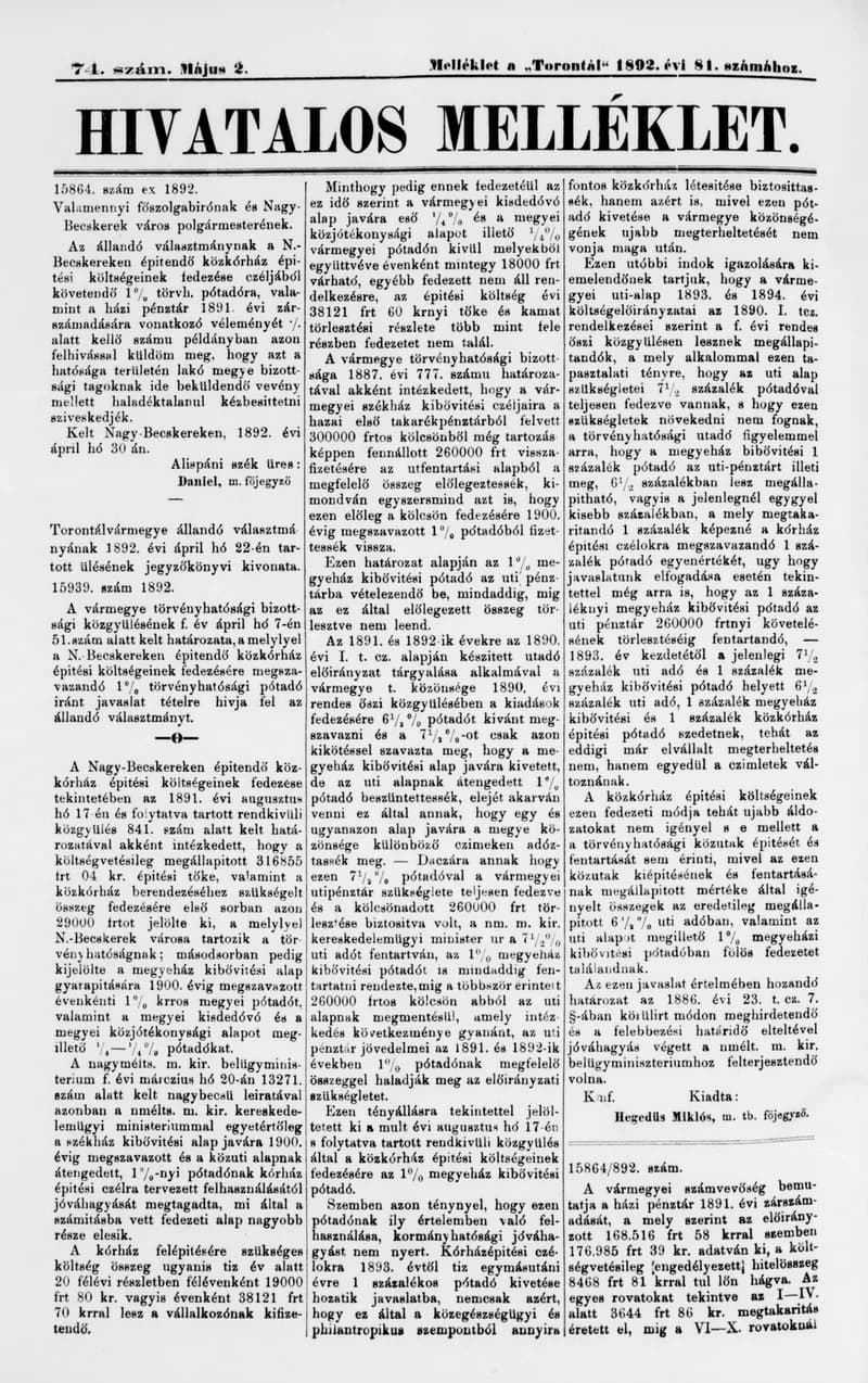 A Totontál  hivatalos melléklete, 5. évf. 1892. május 2. 74. sz.