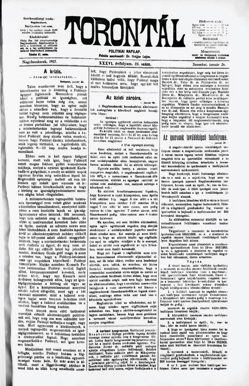 Torontál, 36. évf. 1907. január 26. 22. sz.