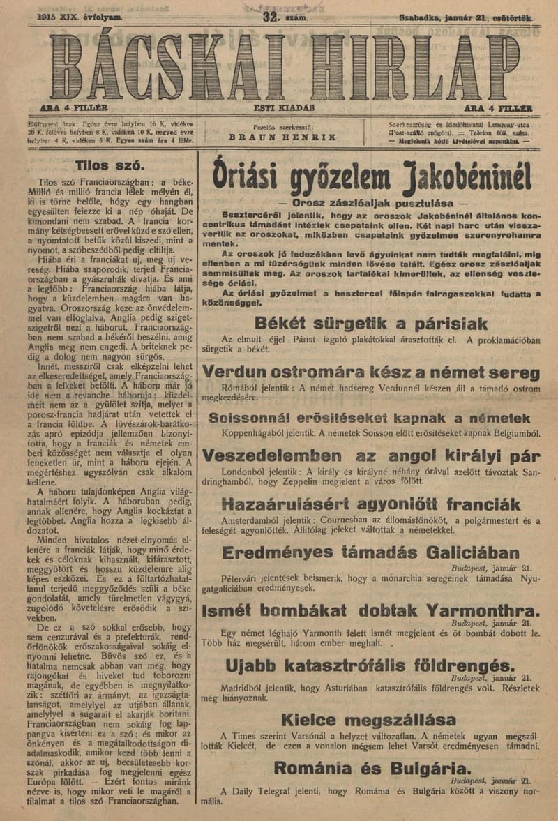 Bácskai Hirlap, 19. évf. 1915. január 21. 32. sz.