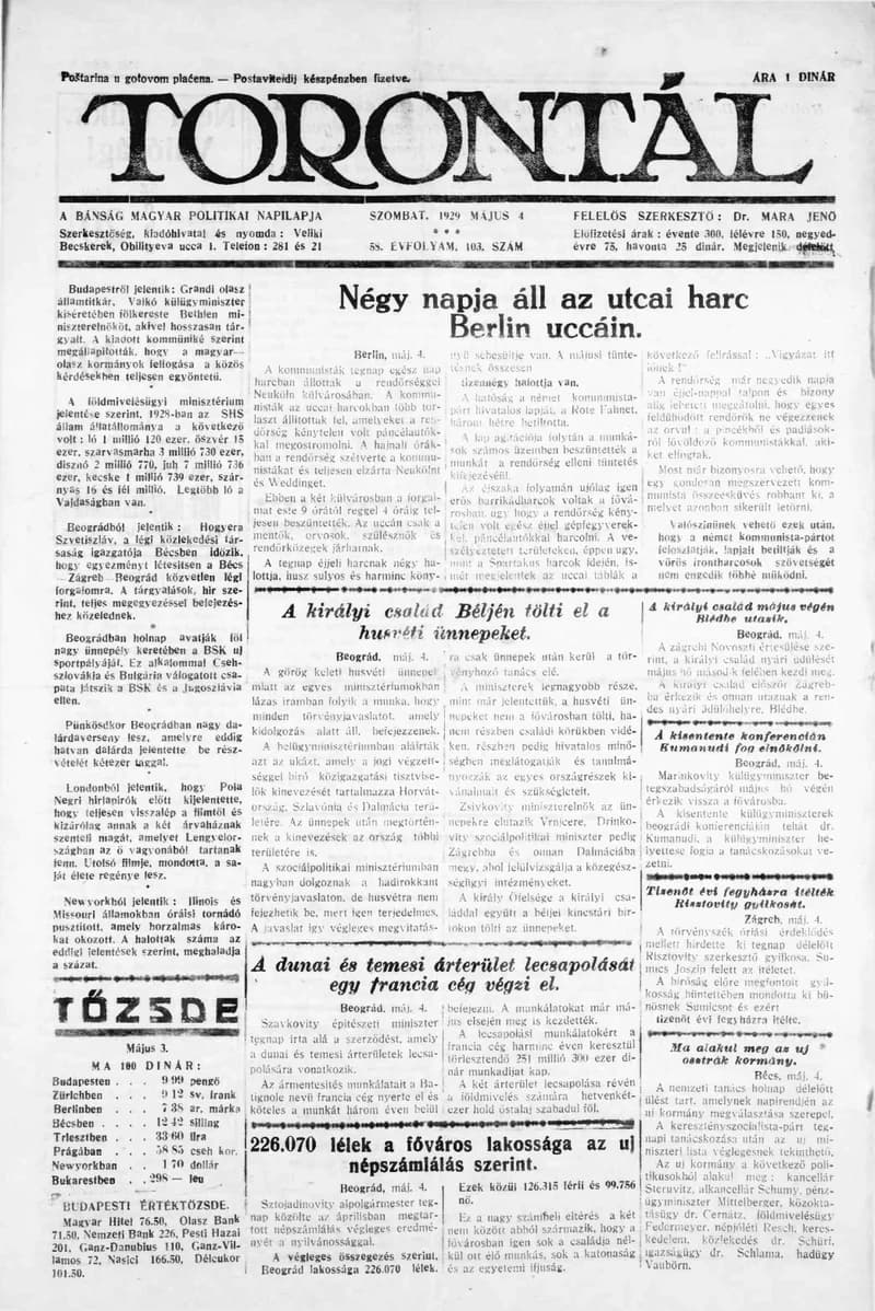 Torontál, 58. évf. 1929. május 4. 103. sz.