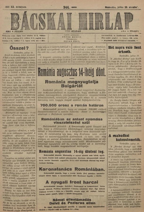 Bácskai Hirlap, 20. évf. 1916. július 29. 344. sz.