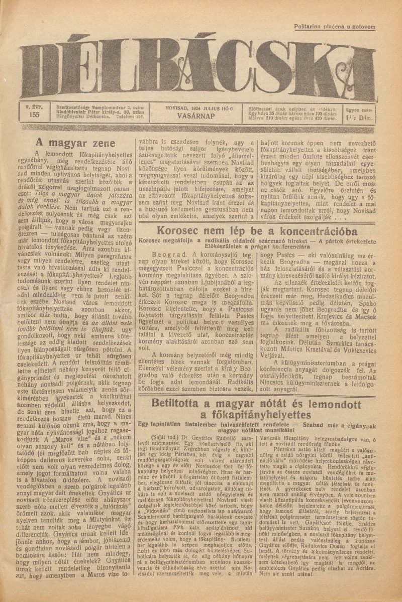 Délbácska, 5. évf. 1924. július 6. 155. sz.