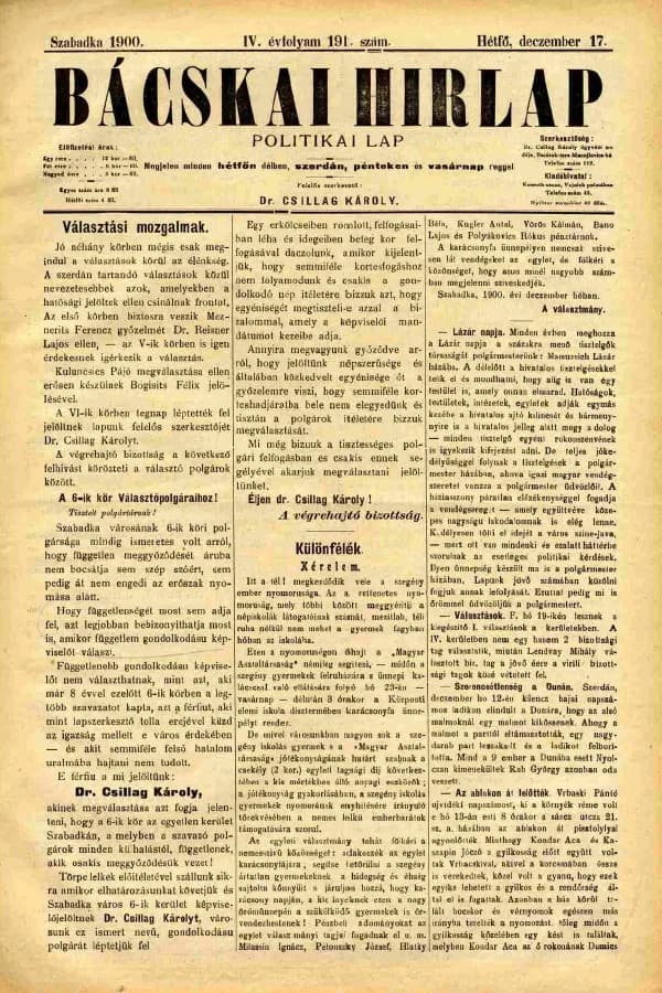 Bácskai Hirlap, 4. évf. 1900. december 17. 191. sz.
