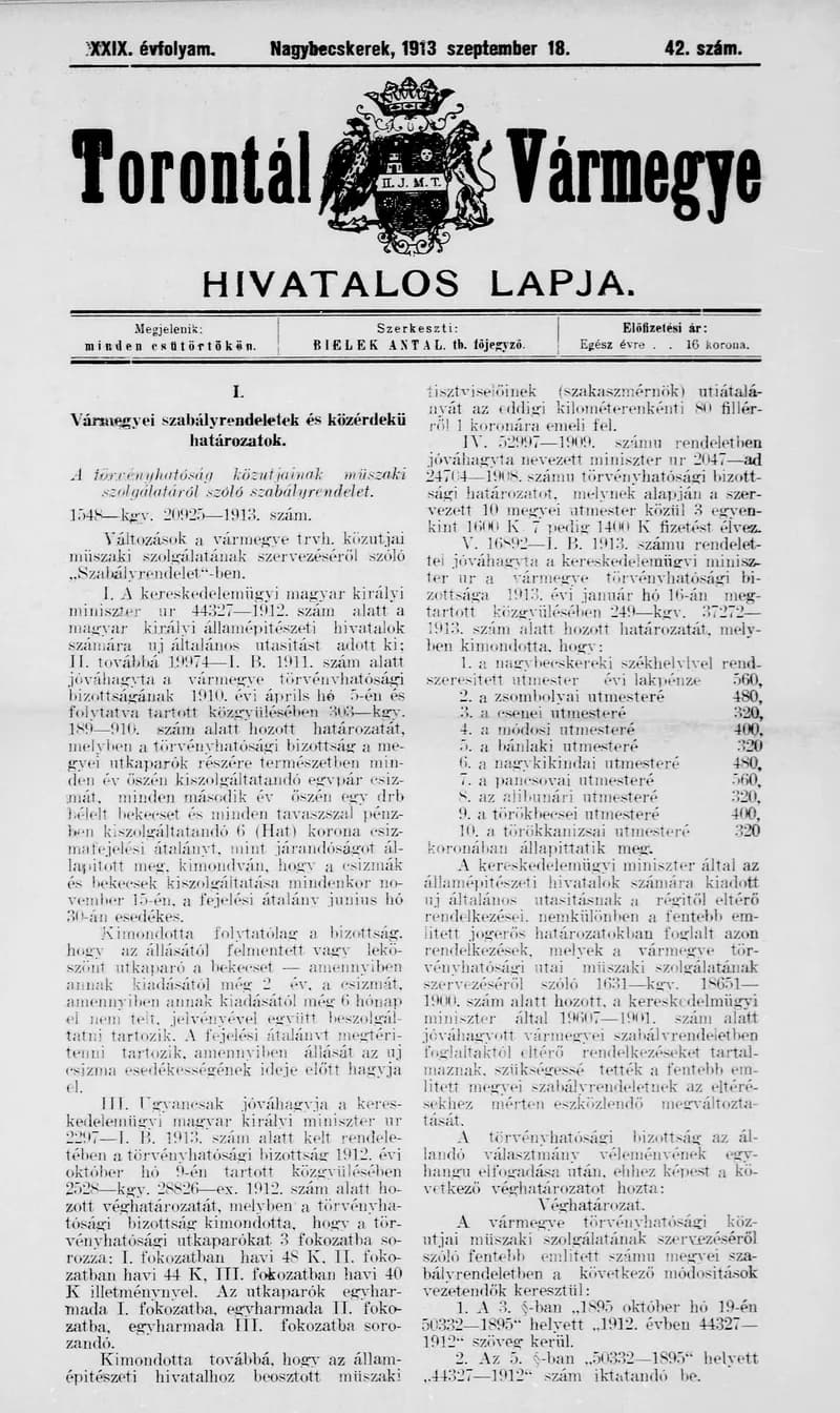 Torontál Vármegye Hivatalos Lapja, 29. évf. 1913. szeptember 18. 42. sz.