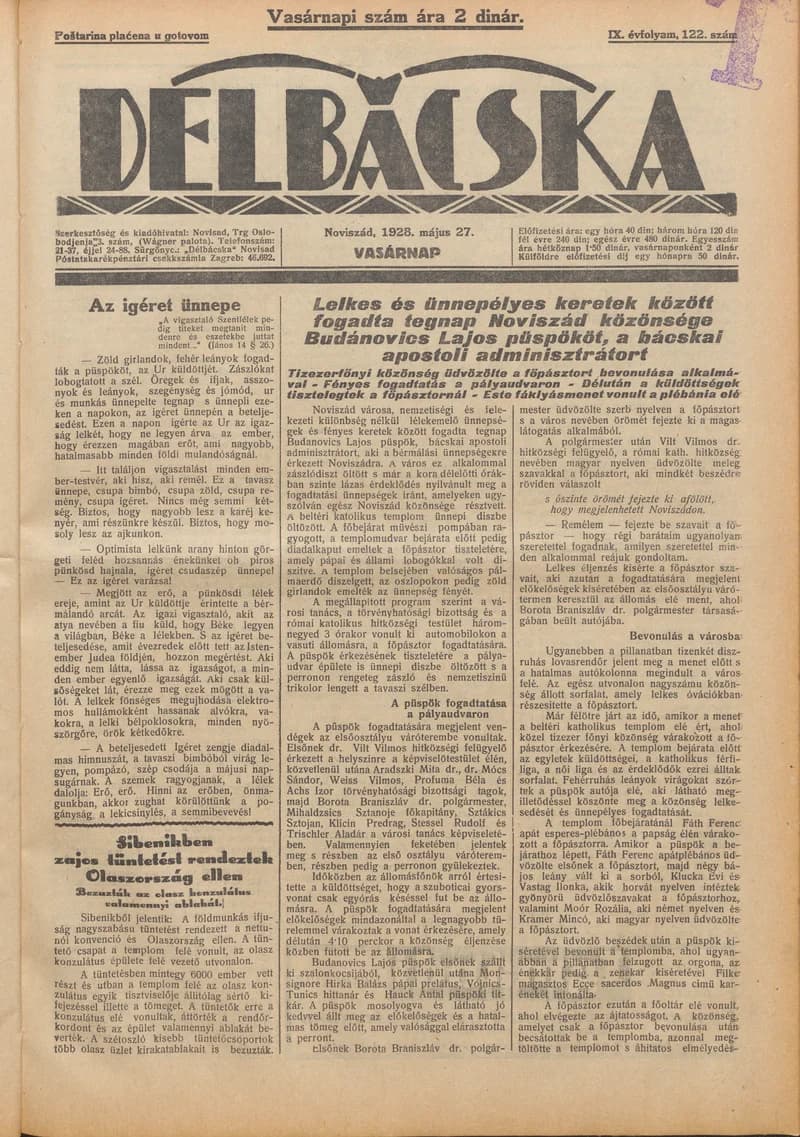 Délbácska, 9. évf. 1928. május 27. 122. sz.