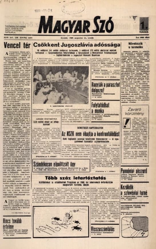 Magyar Szó, 46. évf. 1989. augusztus 23. 230. sz. 1–16. oldal