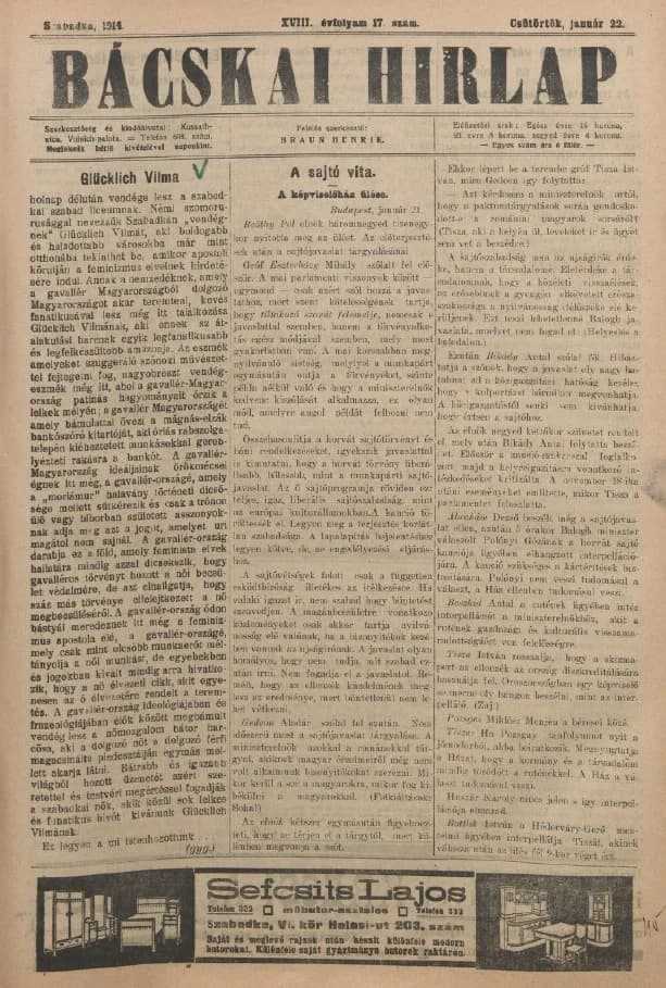Bácskai Hirlap, 18. évf. 1914. január 22. 17. sz.