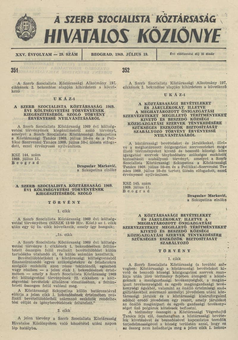 A Szerb Szocialista Köztársaság Hivatalos Közlönye, 25. évf. 1969. július 19. 29. sz. 817–832. oldal