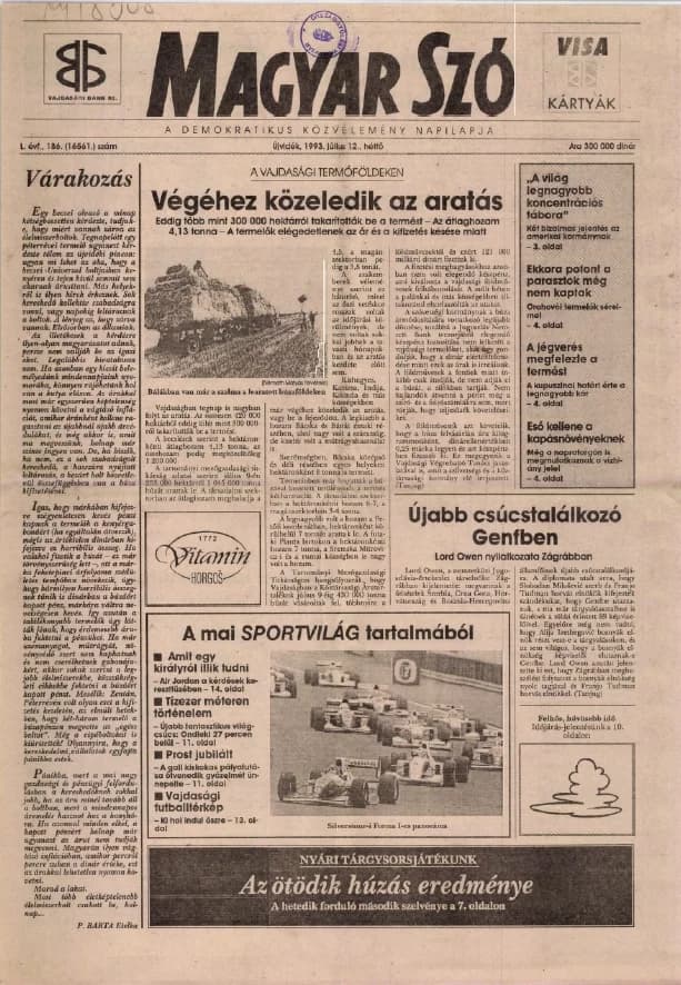 Magyar Szó, 50. évf. 1993. július 12. 186. sz. 1–16. oldal