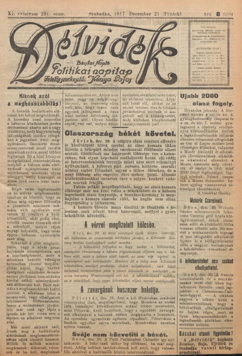 Délvidék, 11. évf. 1917. december 21. 291. sz.