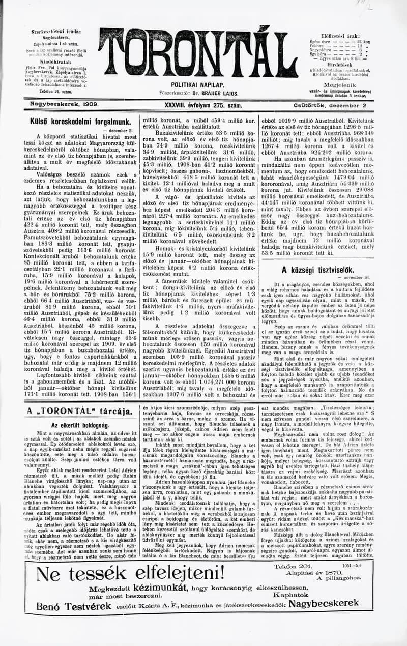 Torontál, 38. évf. 1909. december 2. 275. sz.