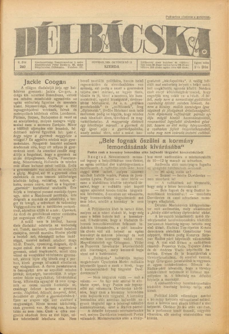 Délbácska, 5. évf. 1924. október 15. 240. sz.