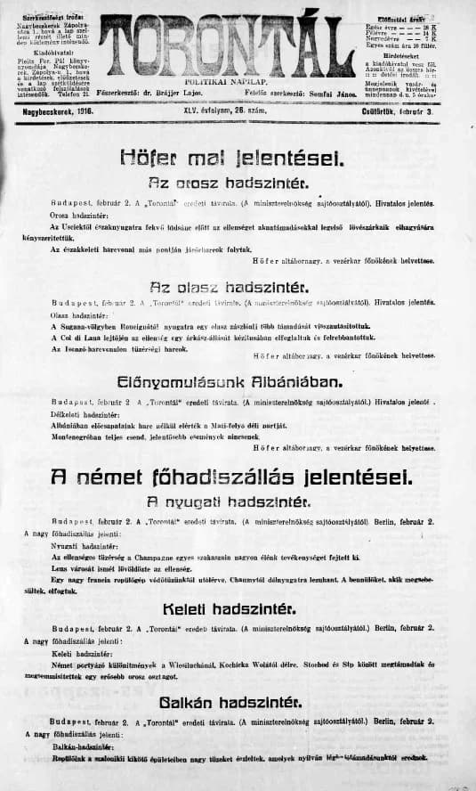 Torontál, 45. évf. 1916. február 3. 26. sz.