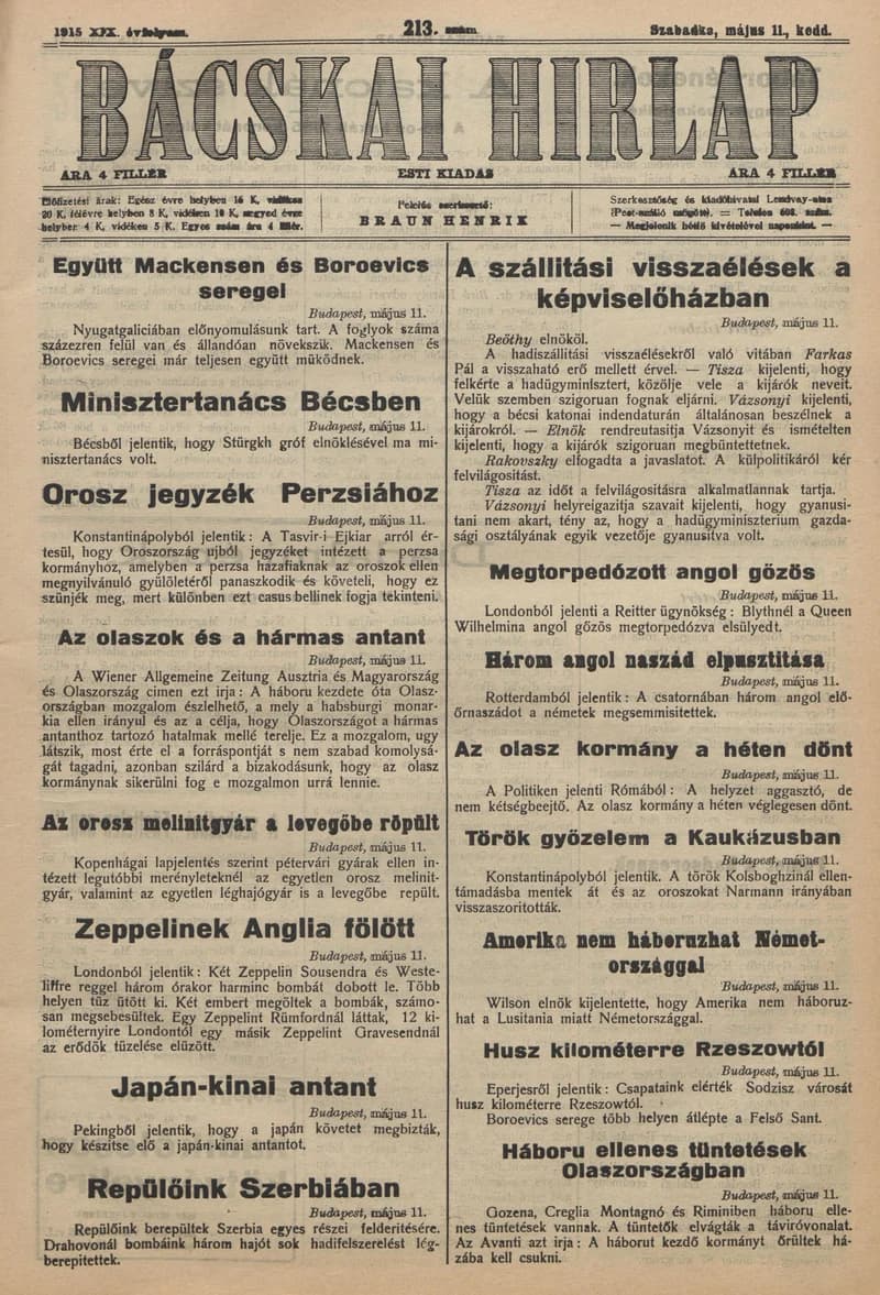 Bácskai Hirlap, 19. évf. 1915. május 11. 213. sz.