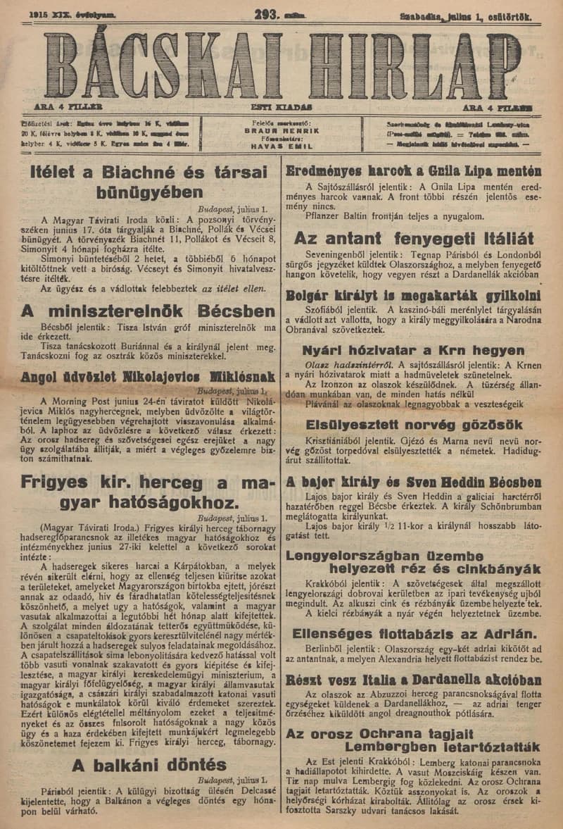Bácskai Hirlap, 19. évf. 1915. július 1. 293. sz.