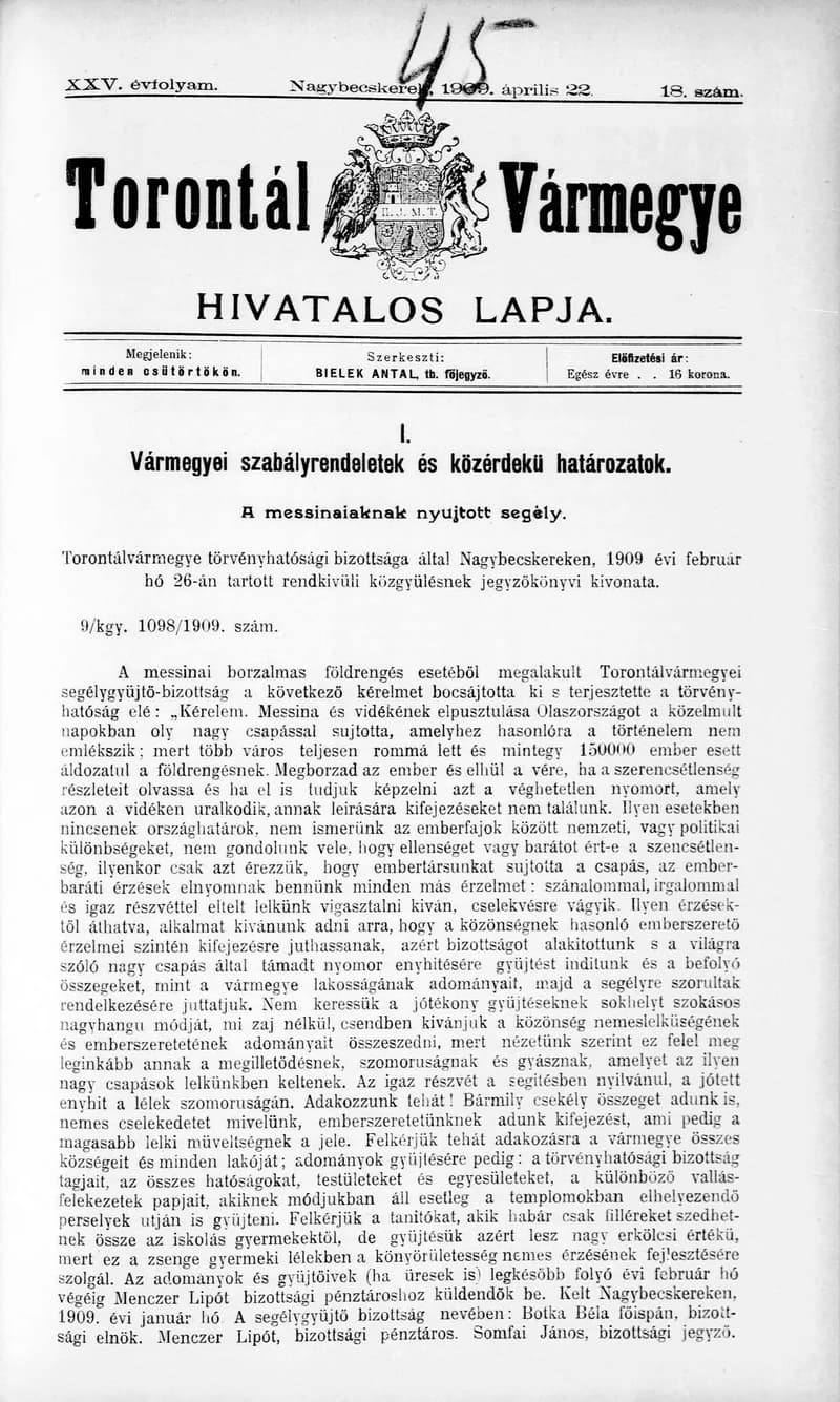 Torontál Vármegye Hivatalos Lapja, 25. évf. 1909. április 22. 18. sz.