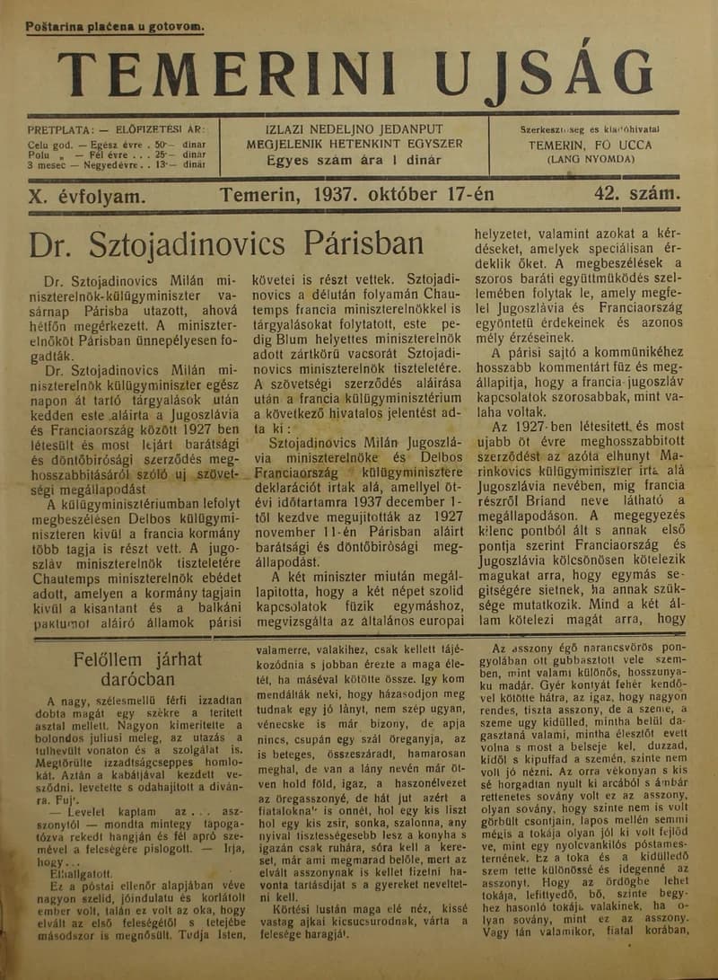 Temerini Újság 1928-1944, 10. évf. 1937. október 17. 42. sz.