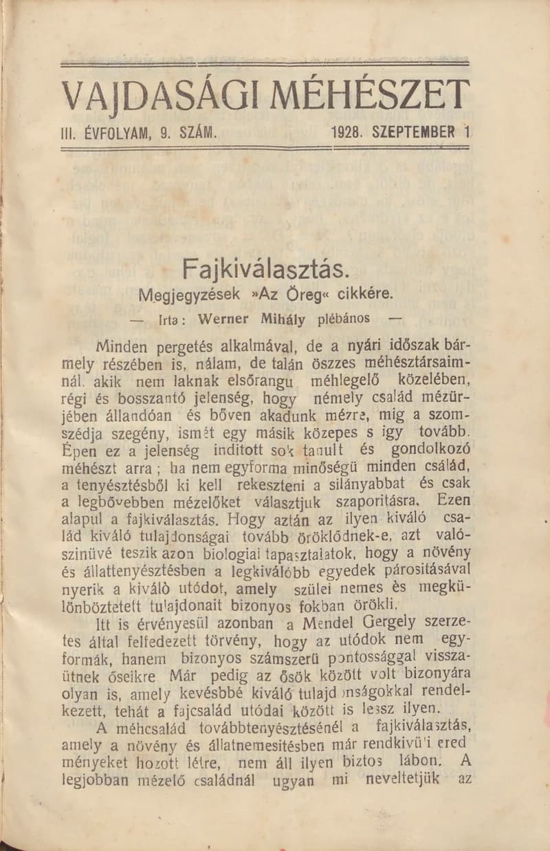 Vajdasági méhészet, 3. évf. 1928. szeptember 1. 9. sz.
