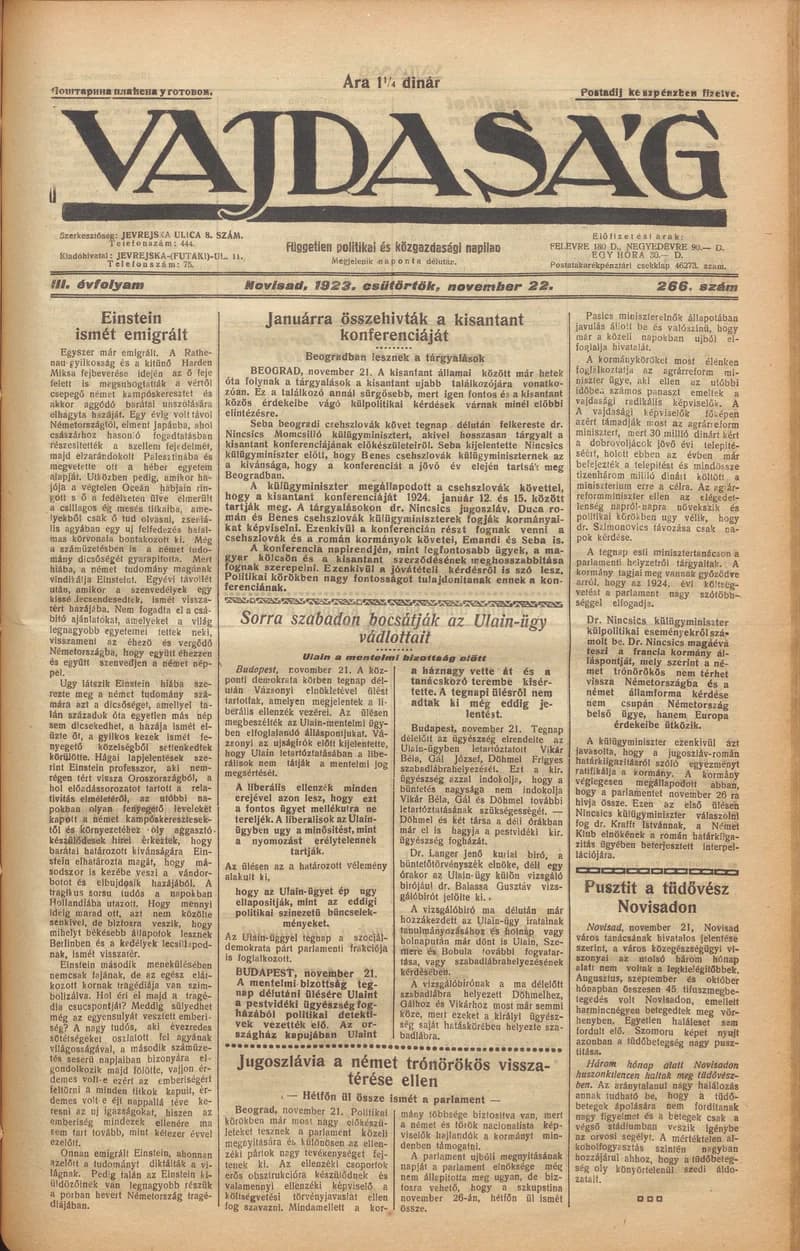 Vajdaság, 3. évf. 1923. november 22. 266. sz.