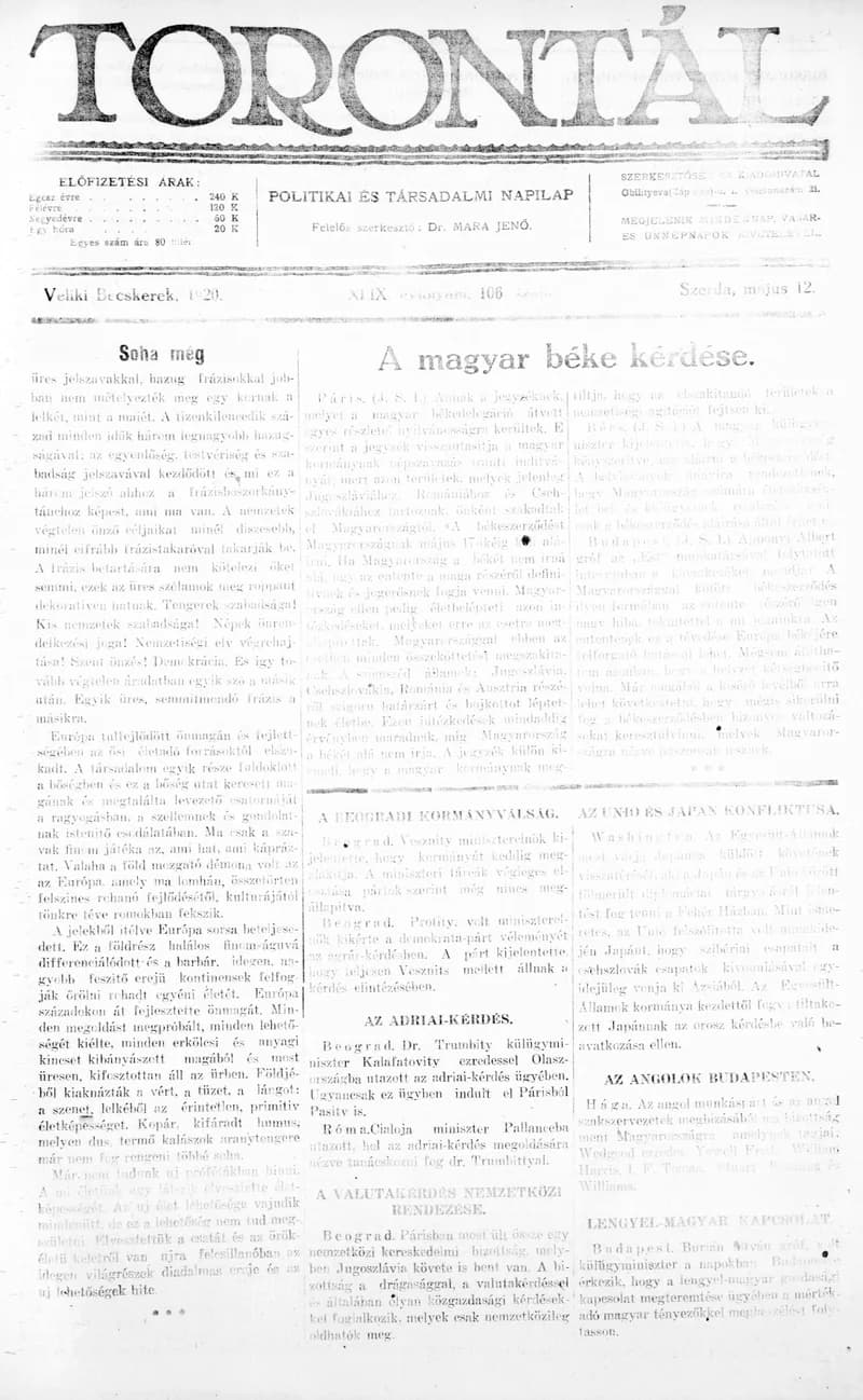 Torontál, 49. évf. 1920. május 12. 106. sz.