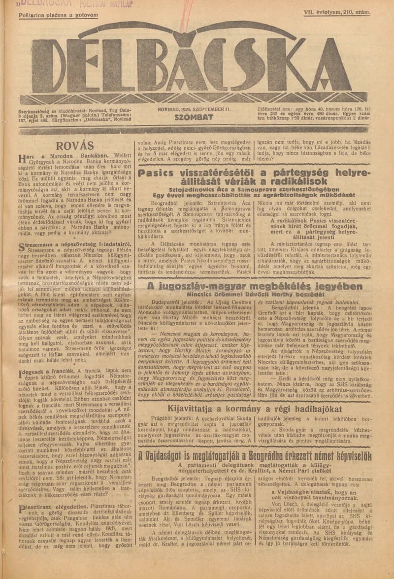 Délbácska, 7. évf. 1926. szeptember 11. 210. sz.