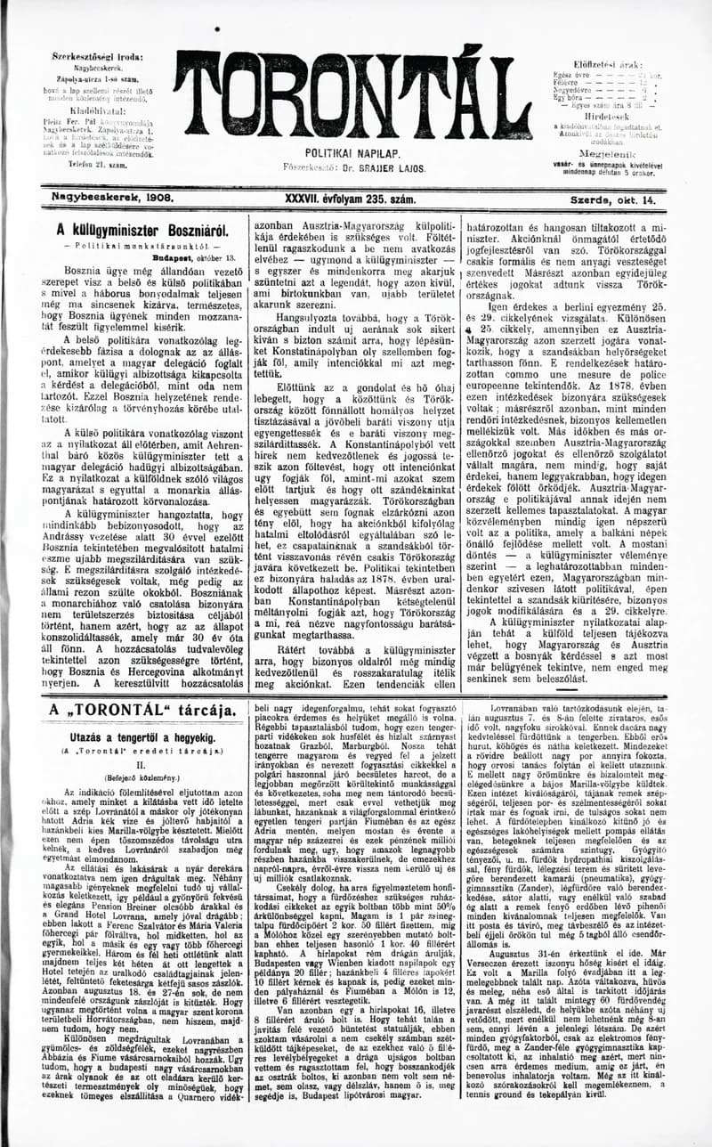 Torontál, 37. évf. 1908. október 14. 235. sz.