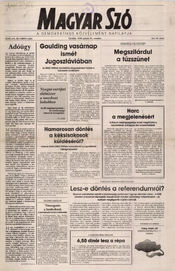 Magyar Szó, 49. évf. 1992. január 25. 23. sz. 1–20. oldal