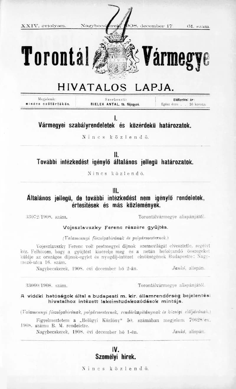 Torontál Vármegye Hivatalos Lapja, 24. évf. 1908. december 17. 61. sz.