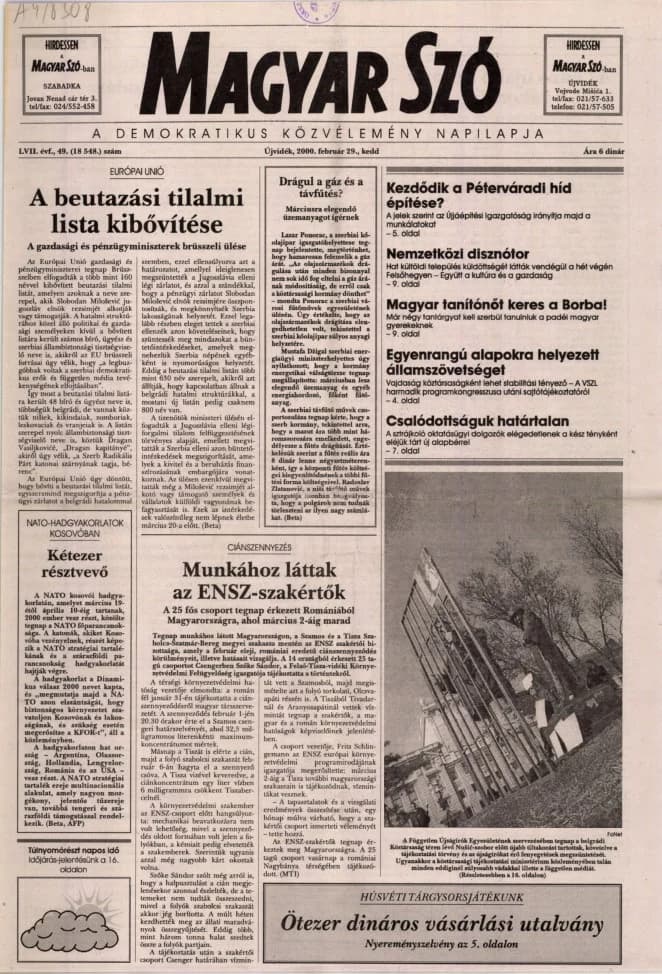 Magyar Szó, 57. évf. 2000. február 29. 49. sz. 1–16. oldal