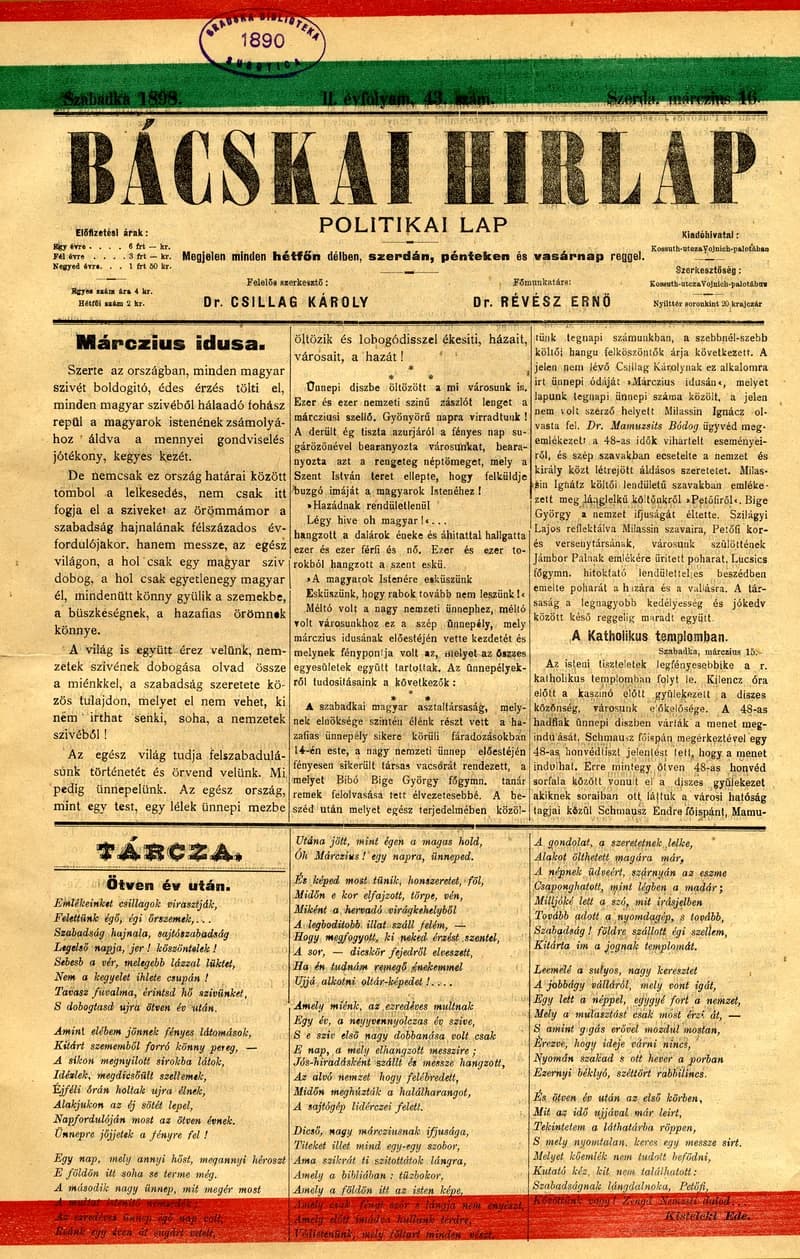 Bácskai Hirlap, 2. évf. 1898. március 16. 43. sz. 1–4. oldal