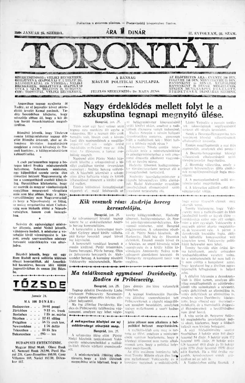 Torontál, 57. évf. 1928. január 25. 20. sz.