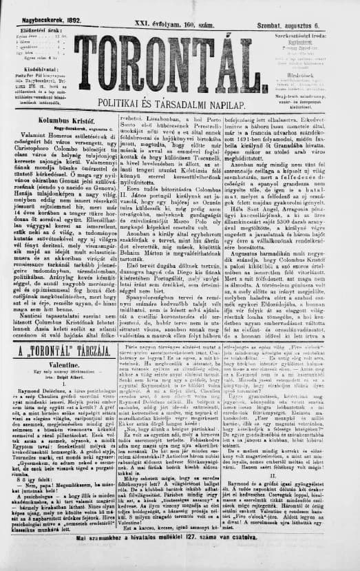 Torontál, 21. évf. 1892. augusztus 6. 160. sz.