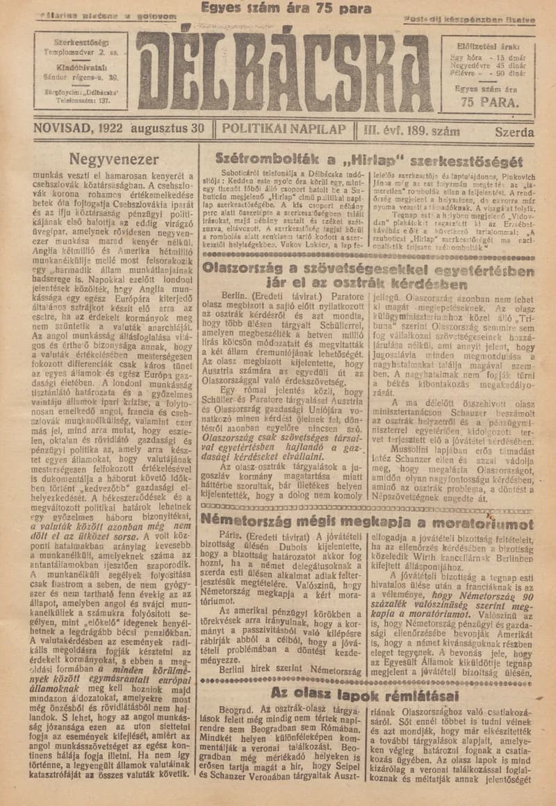Délbácska, 3. évf. 1922. augusztus 30. 189. sz.