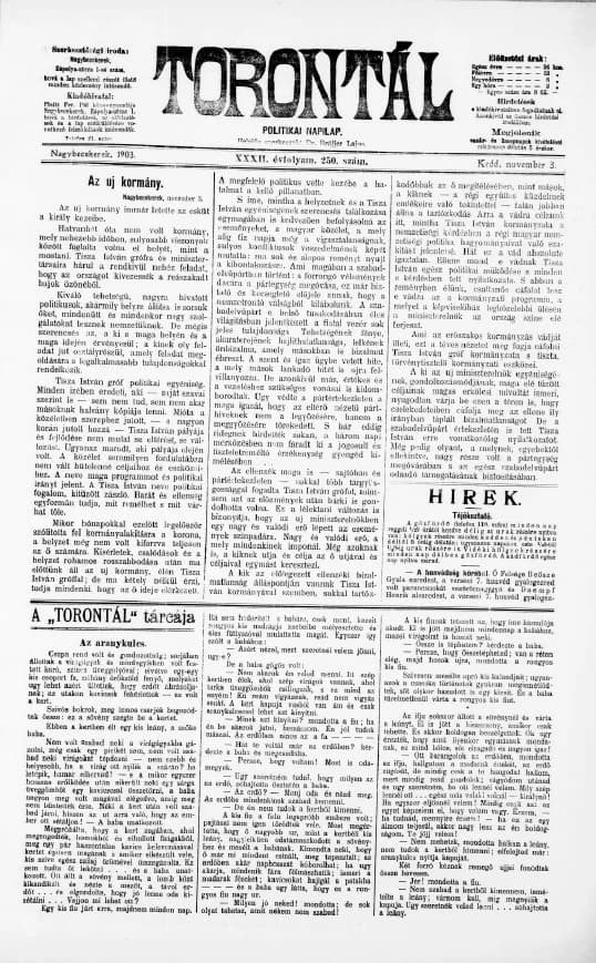 Torontál, 32. évf. 1903. november 3. 250. sz.