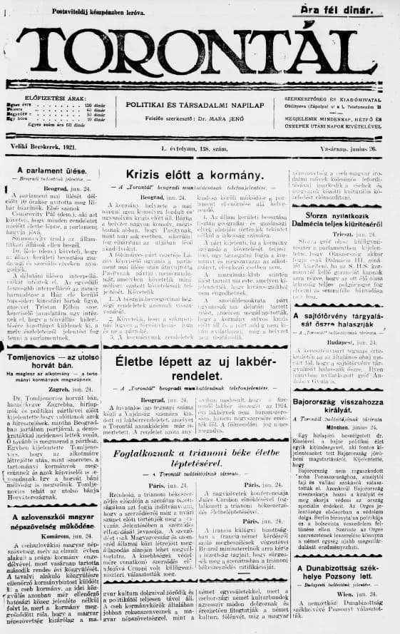 Torontál, 50. évf. 1921. június 26. 138. sz.