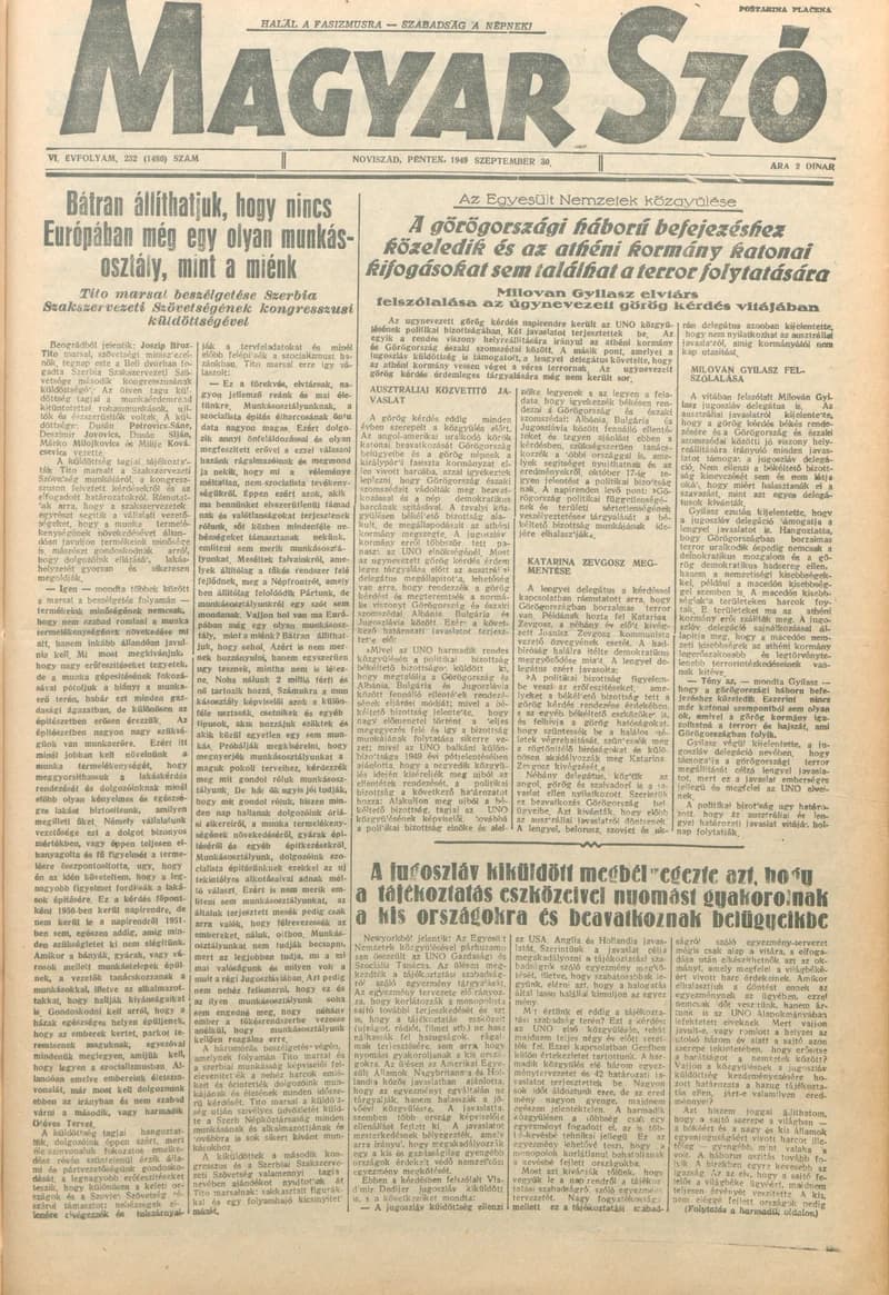 Magyar Szó, 6. évf. 1949. szeptember 30. 232. sz. 1–4. oldal
