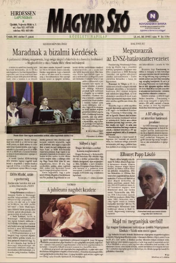 Magyar Szó, 60. évf. 2003. október 17. 246. sz. 1–20. oldal