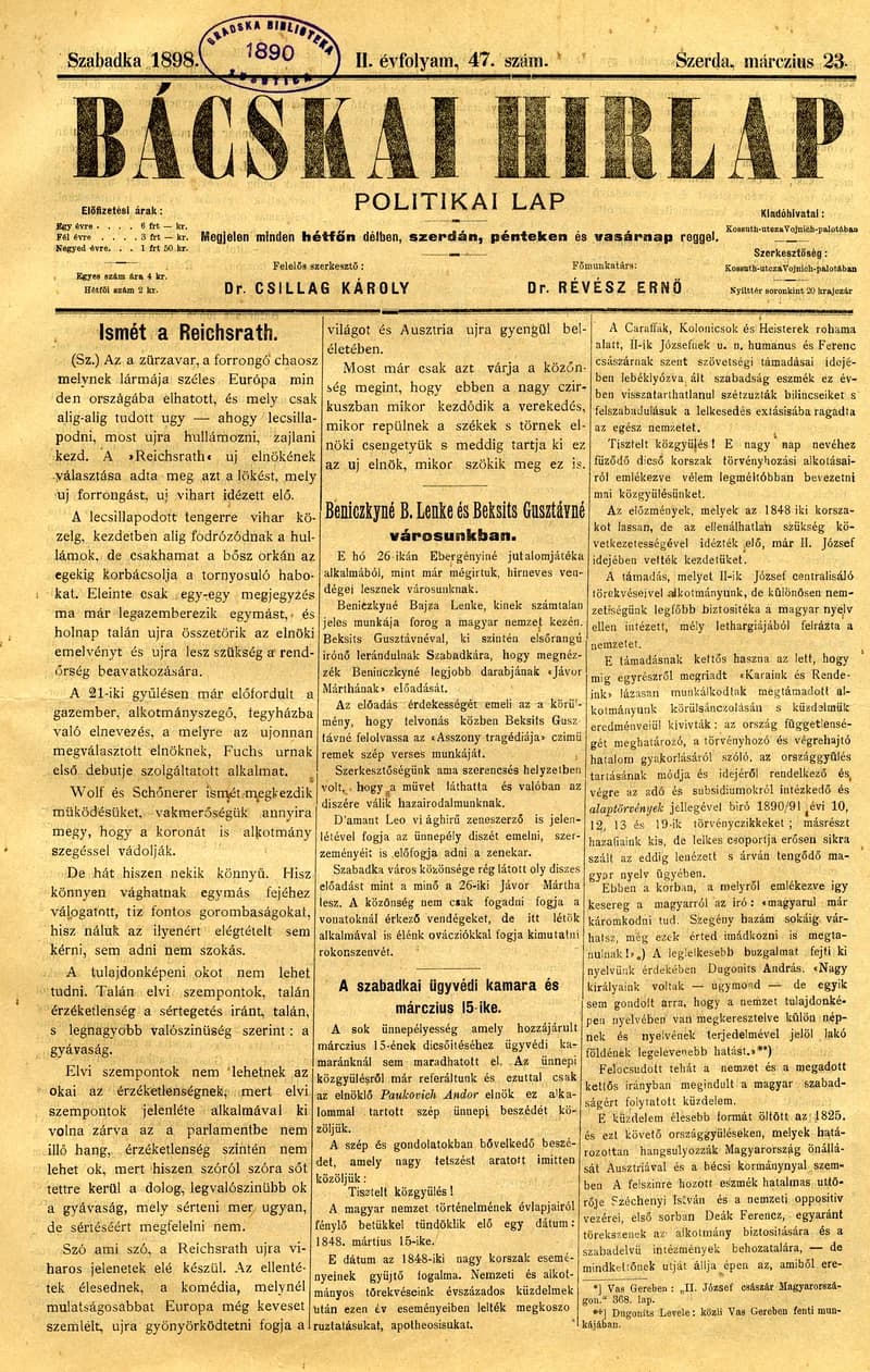Bácskai Hirlap, 2. évf. 1898. március 23. 47. sz. 1–4. oldal