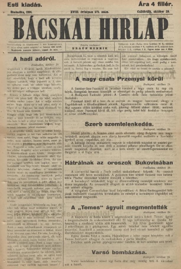 Bácskai Hirlap, 18. évf. 1914. október 29. 271. sz.