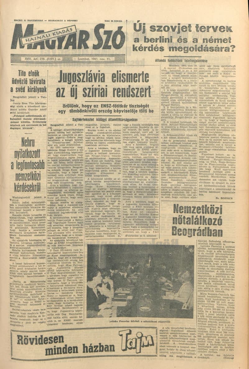 Magyar Szó, 18. évf. 1961. november 11. 278. sz. 1–12. oldal