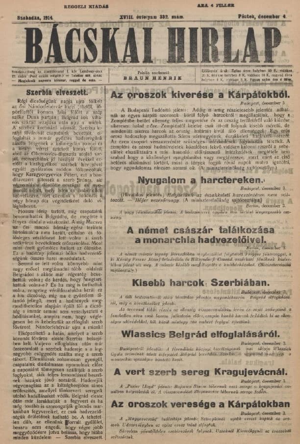 Bácskai Hirlap, 18. évf. 1914. december 4. 332. sz.