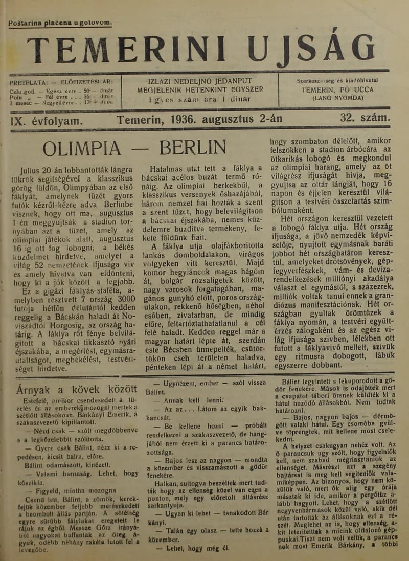 Temerini Újság 1928-1944, 9. évf. 1936. augusztus 2. 32. sz.