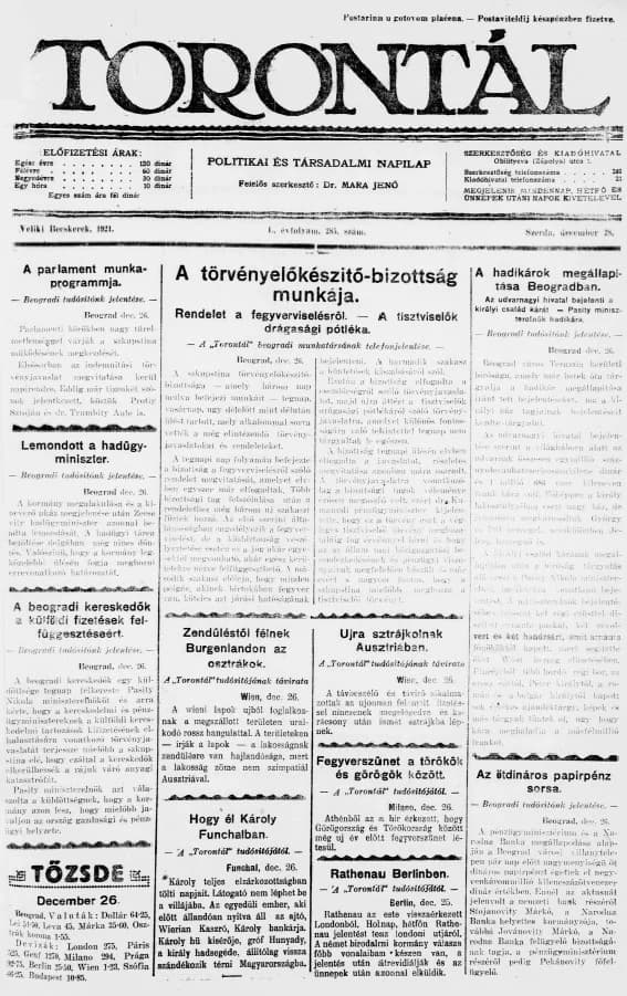 Torontál, 50. évf. 1921. december 28. 285. sz.