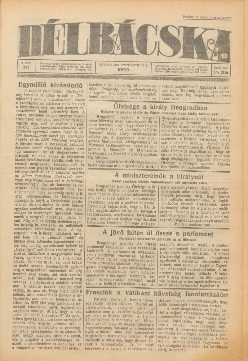 Délbácska, 5. évf. 1924. szeptember 30. 227. sz.