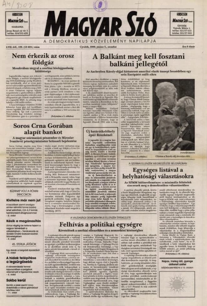 Magyar Szó, 57. évf. 2000. június 3. 129. sz. 1–16. oldal