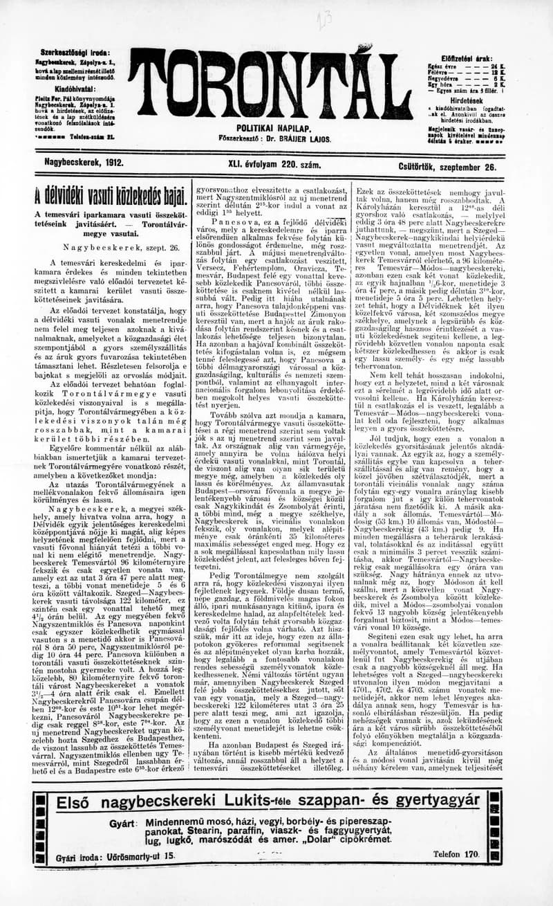 Torontál, 41. évf. 1912. szeptember 26. 220. sz.