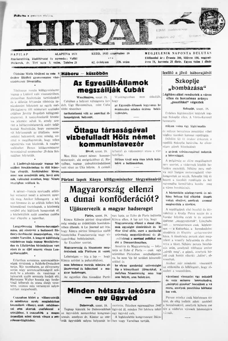 Híradó, 62. évf. 1933. szeptember 19. 220. sz.