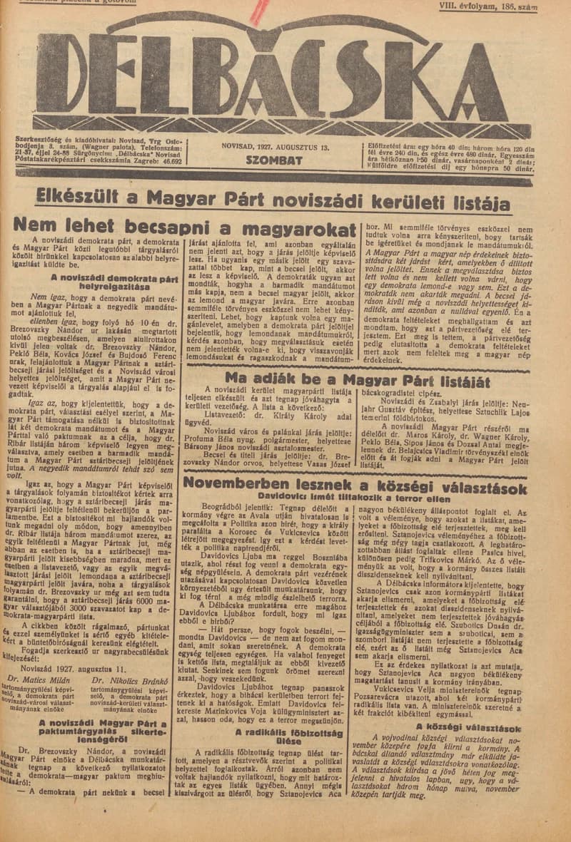 Délbácska, 8. évf. 1927. augusztus 13. 186. sz.